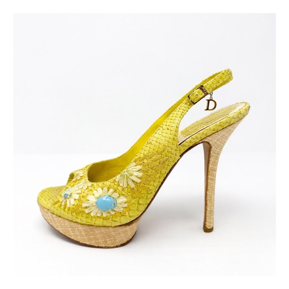 Dior Snakeskin Floral Slingback Platform Heels Womens Size EU 38.5